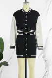 Black Casual Patchwork Contrast O Neck Long Sleeve Two Pieces