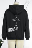 Black Street Daily Print Draw String Hooded Collar Tops