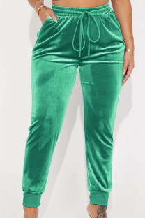 Green Casual Solid Patchwork Draw String Pocket Regular Mid Waist Conventional Solid Color Bottoms