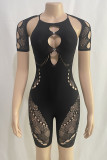 Pink Sexy Solid Ripped Patchwork Hot Drill O Neck Skinny Rompers