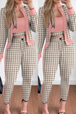 Pink Casual Print Patchwork Cardigan Pants O Neck Long Sleeve Three Piece Set
