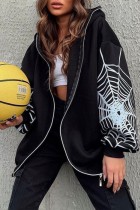 Black Casual Print Patchwork Zipper Hooded Collar Outerwear