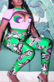 Colour Street Print Hollowed Out Patchwork O Neck Short Sleeve Two Pieces