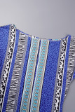 Blue Casual Print Patchwork O Neck Long Dress Dresses
