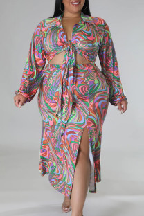 Colour Casual Print Bandage Patchwork High Opening Turndown Collar Plus Size Two Pieces