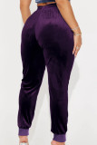 Purple Casual Solid Patchwork Draw String Pocket Regular Mid Waist Conventional Solid Color Bottoms