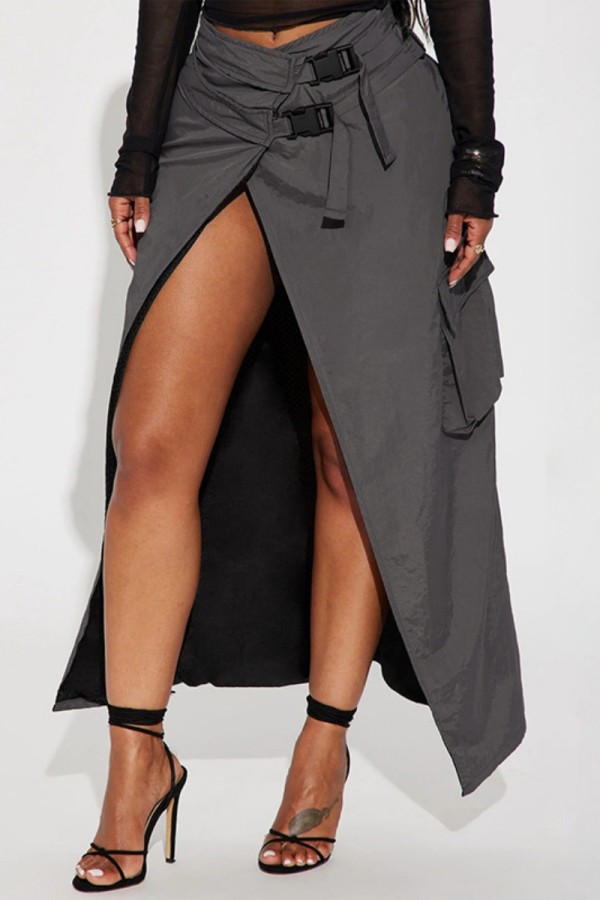 Grey Casual Solid Patchwork Slit Skinny High Waist Conventional Solid Color Skirts
