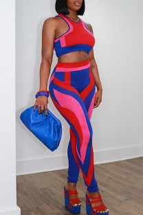 Red Blue Casual Print Vests Pants O Neck Sleeveless Two Pieces