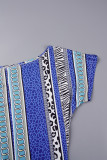 Blue Casual Print Patchwork O Neck Long Dress Dresses