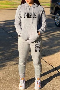 Grey Casual Print Letter Hooded Collar Long Sleeve Two Pieces