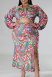Colour Casual Print Bandage Patchwork High Opening Turndown Collar Plus Size Two Pieces