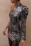 Black Sexy Party Formal Patchwork Sequins Oblique Collar Evening Dress Dresses