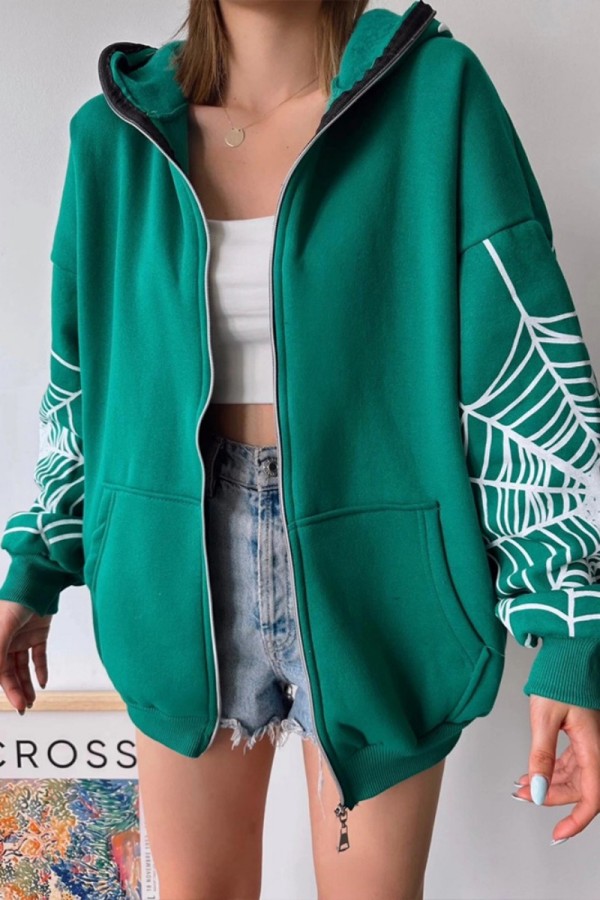 Green Casual Print Patchwork Zipper Hooded Collar Outerwear