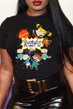 Black Casual Cute Character Print Patchwork O Neck T-Shirts