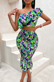 Green Casual Celebrities Print Patchwork Flounce One Shoulder Short Sleeve Two Pieces