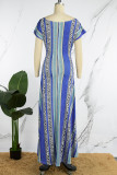 Blue Casual Print Patchwork O Neck Long Dress Dresses