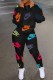 Black Casual Print Letter Zipper Collar Long Sleeve Two Pieces
