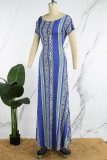 Blue Casual Print Patchwork O Neck Long Dress Dresses