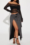 Grey Casual Solid Patchwork Slit Skinny High Waist Conventional Solid Color Skirts