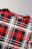 Red Casual Plaid Print Basic O Neck Plus Size Two Pieces