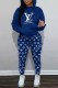 Blue Casual Print Letter Hooded Collar Long Sleeve Two Pieces