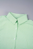 Green Yellow Casual Striped Patchwork Buckle Shirt Collar Long Sleeve Two Pieces