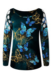 Multicolor Casual Print Hollowed Out O Neck Tops