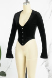 Black Sexy Casual Solid Patchwork V Neck Tops