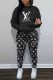 Black Casual Print Letter Hooded Collar Long Sleeve Two Pieces