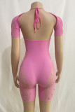 Pink Sexy Solid Ripped Patchwork Hot Drill O Neck Skinny Rompers