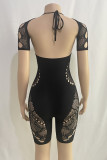 Pink Sexy Solid Ripped Patchwork Hot Drill O Neck Skinny Rompers