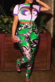 Colour Street Print Hollowed Out Patchwork O Neck Short Sleeve Two Pieces