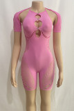 Pink Sexy Solid Ripped Patchwork Hot Drill O Neck Skinny Rompers