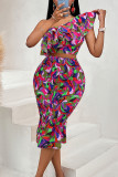 Purple Casual Celebrities Print Patchwork Flounce One Shoulder Short Sleeve Two Pieces
