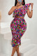 Purple Casual Celebrities Print Patchwork Flounce One Shoulder Short Sleeve Two Pieces