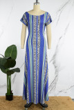 Blue Casual Print Patchwork O Neck Long Dress Dresses