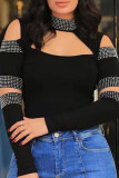 Black Casual Patchwork Hot Drilling Hollowed Out Turtleneck Tops