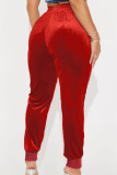 Red Casual Solid Patchwork Draw String Pocket Regular Mid Waist Conventional Solid Color Bottoms