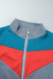 Sky Blue Casual Patchwork Contrast Zipper Collar Long Sleeve Two Pieces