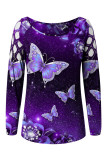 Multicolor Casual Print Hollowed Out O Neck Tops