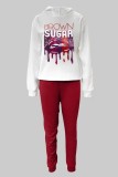 Red Casual Print Basic Hooded Collar Long Sleeve Two Pieces