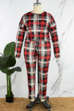Red Casual Plaid Print Basic O Neck Plus Size Two Pieces