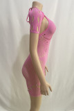 Pink Sexy Solid Ripped Patchwork Hot Drill O Neck Skinny Rompers