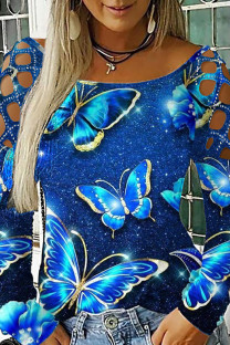Blue Casual Print Hollowed Out O Neck Tops