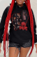 Black Street Print Draw String Hooded Collar Tops