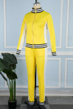 Yellow Casual Striped Patchwork Contrast Zipper Collar Long Sleeve Two Pieces