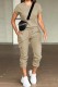Khaki Casual Solid Basic O Neck Short Sleeve Two Pieces