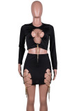 Black Sexy Solid Hollowed Out Patchwork Chains Slit O Neck Long Sleeve Two Pieces