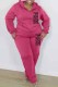 Rose Red Casual Print Letter Hooded Collar Plus Size Two Pieces
