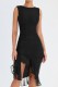 Black Casual Solid Fold Asymmetrical O Neck Sleeveless Dress Dresses
